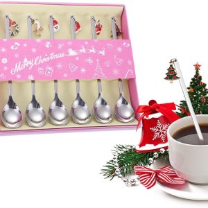 Koffielepels, roestvrijstalen cadeaus, lange lepels met kersthangers, kersttafeldecoraties, kerstbestek, kerstdessert-theelepels met geschenkdoos (zilver)
