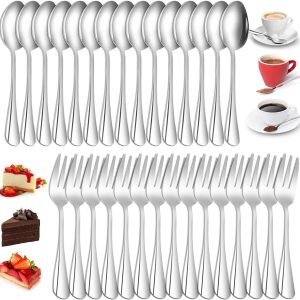 Koffielepels set, 30 stuks theelepels en taartvorken gemaakt van roestvrij staal, set theelepels en taartvorken, roestvrij stalen lepels en vorken voor feest, bruiloft, restaurant, feest