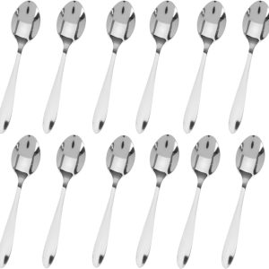 Koffielepels van roestvrij staal, 12-delige set, zilverkleurig, hoogglanzend gepolijst, dessertlepel, voor thuis, restaurant, keuken, café, 15,3 cm, gladde randen, modern en elegant