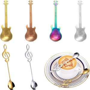 Koffielepels van roestvrij staal, design in gitaarvorm en muzieknot, creatieve dessertlepels voor thee en dranken, 12 cm en 15 cm, meerkleurig en zilver