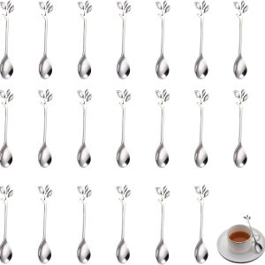 Koffielepels zilver, kleine espressolepel mini met bladvormige greep, roestvrijstalen theelepel, dessertlepel voor koffie, thee, ijs, drankjes, cadeau voor