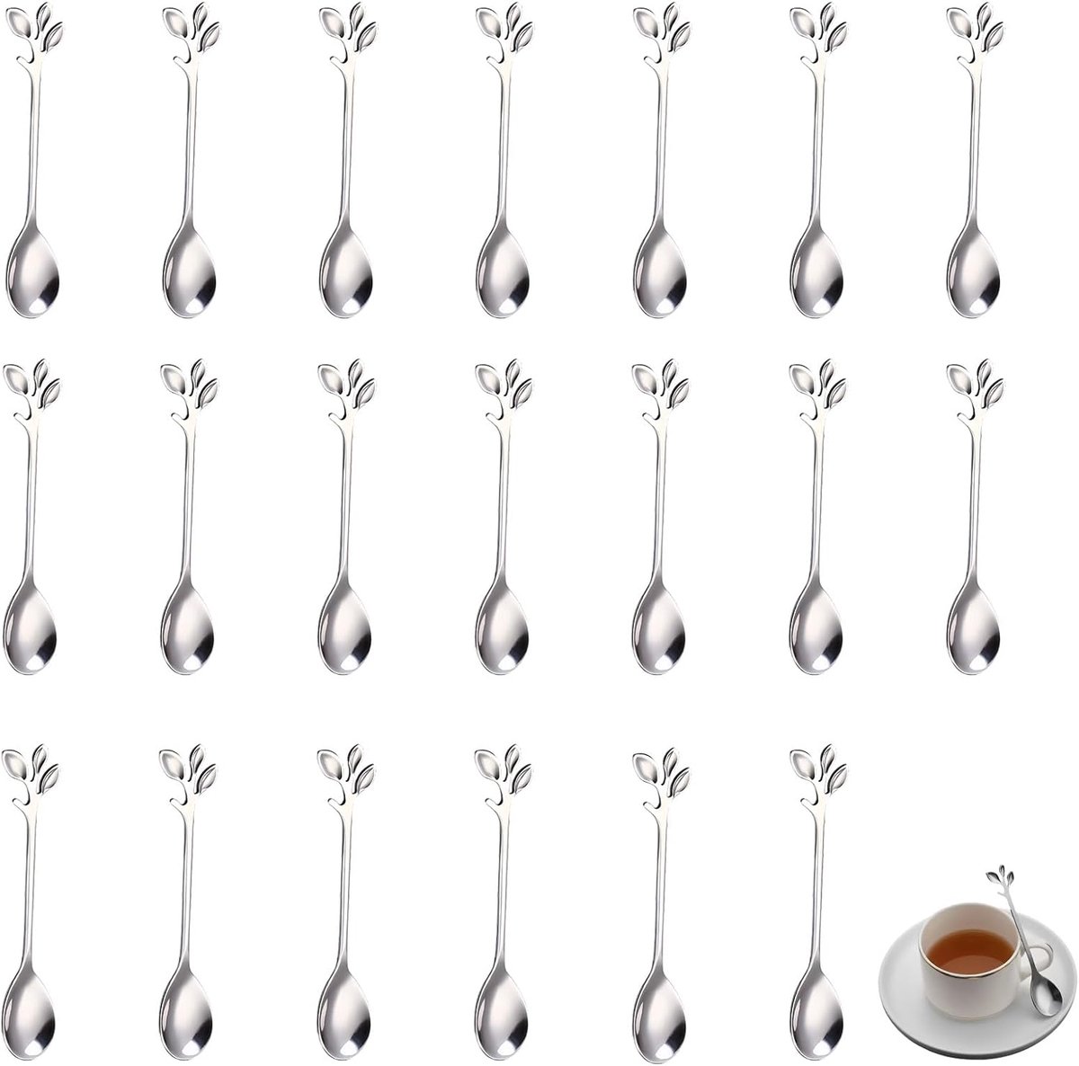 Koffielepels zilver, kleine espressolepel mini met bladvormige greep, roestvrijstalen theelepel, dessertlepel voor koffie, thee, ijs, drankjes, cadeau voor
