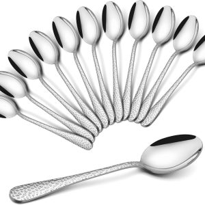 Koffielepelset, 12 stuks roestvrijstalen theelepels, kleine lepels met hamergreep, 15 cm dessertlepel voor thuis/restaurant/kantines, ronde rand en hoogglans gepolijst, vaatwasmachinebestendig