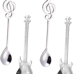 Koffielepelset, gitaar, koffielepels en muzieknoten, koffielepels, muzikantengeschenken, roestvrij staal, grappige muziekdecoratie, cadeau, theelepels, voor thee, melk, koffie, dessert