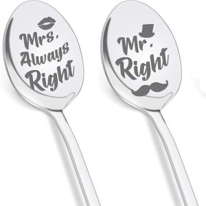 Koffielepelset met gravure - Mr. Right & Mrs. Always Right - huwelijkscadeau voor koppels, cadeau-idee voor bruidegom, roestvrij staal