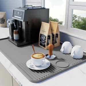 Koffiemachine Mat, 40x60cm Koffiemat, Koffiebar Mat met Afneembaar Druiprek voor Keukenbladen Bar Accessoires Past Onder Koffiezetapparaat Koffiemachine, Espressomachine (Grey, 40x60cm)