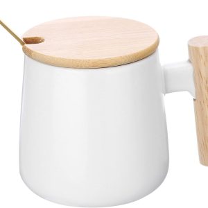 Koffiemok Keramiek 30 ml Houten Handvat Eenvoudige Grote Handgemaakte Keramische Mok Met Deksel En Lepel Voor Kantoor Keuken Thuis En Geschenken Wit