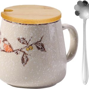 Koffiemok met deksel, mok keramische melkbeker met deksel, cappuccino kopjes aardewerk 400 ml, Japanse beker handbeschilderd water kopje onderglazuur grote capaciteit ontbijtmok
