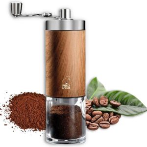 Koffiemolen handmatig met keramisch maalwerk en inklapbare handgreep - zelf koffiebonen malen voor French Press en espresso - licht, stil en duurzaam - antislip houtlook.
