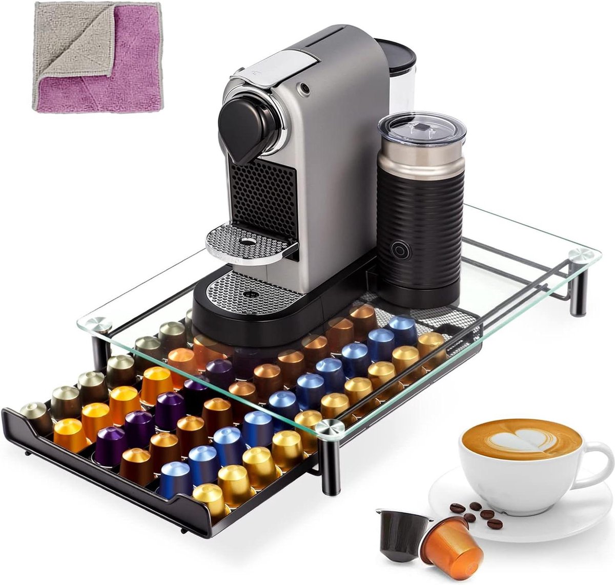 Koffiepad opberg lade voor 60 capsules - Compatibel met Nespresso - Anti-slip voeten - Reinigingsdoek - Metaal/zwart