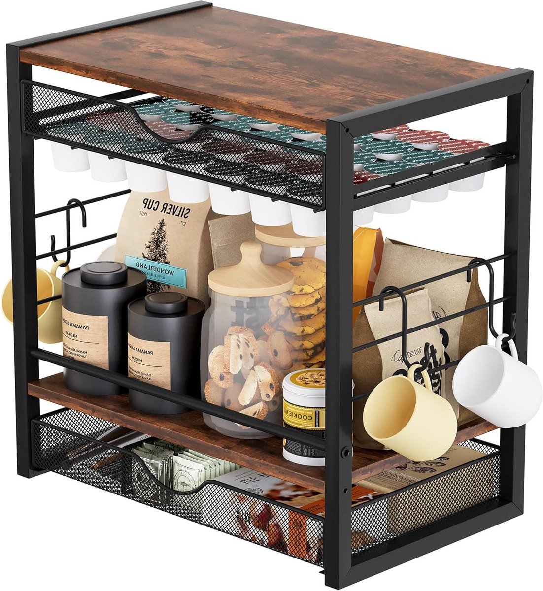 Koffiepads Houder - Koffiecup Organizer - Keuken Organiseren - Met Mok Haken - 70 Cups - Zwart
