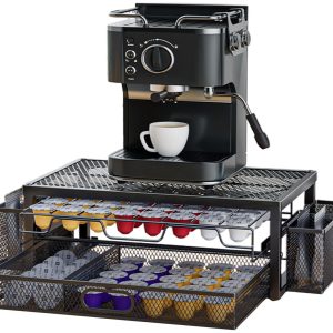 Koffiepads met 2 niveaus, 63-83 capsules opberglade-organizer voor K-Cup, Nespresso VertuoLine & OriginalLine, met zijmanden voor lepels/rietjes, metalen standaard met antislipvoet