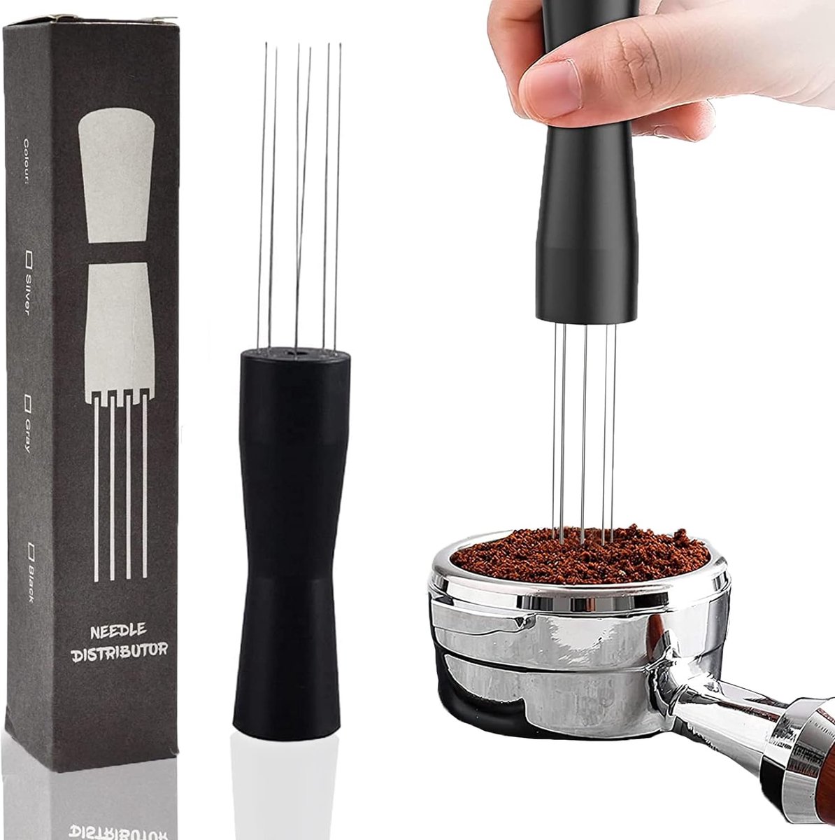 Koffieroernaald, WDT tool espresso, koffiebeker tamper naald, naald-koffiestamper, tamper zeefhouder, roeren koffieaccessoires, WDT-tool voor espressomachines, zwart