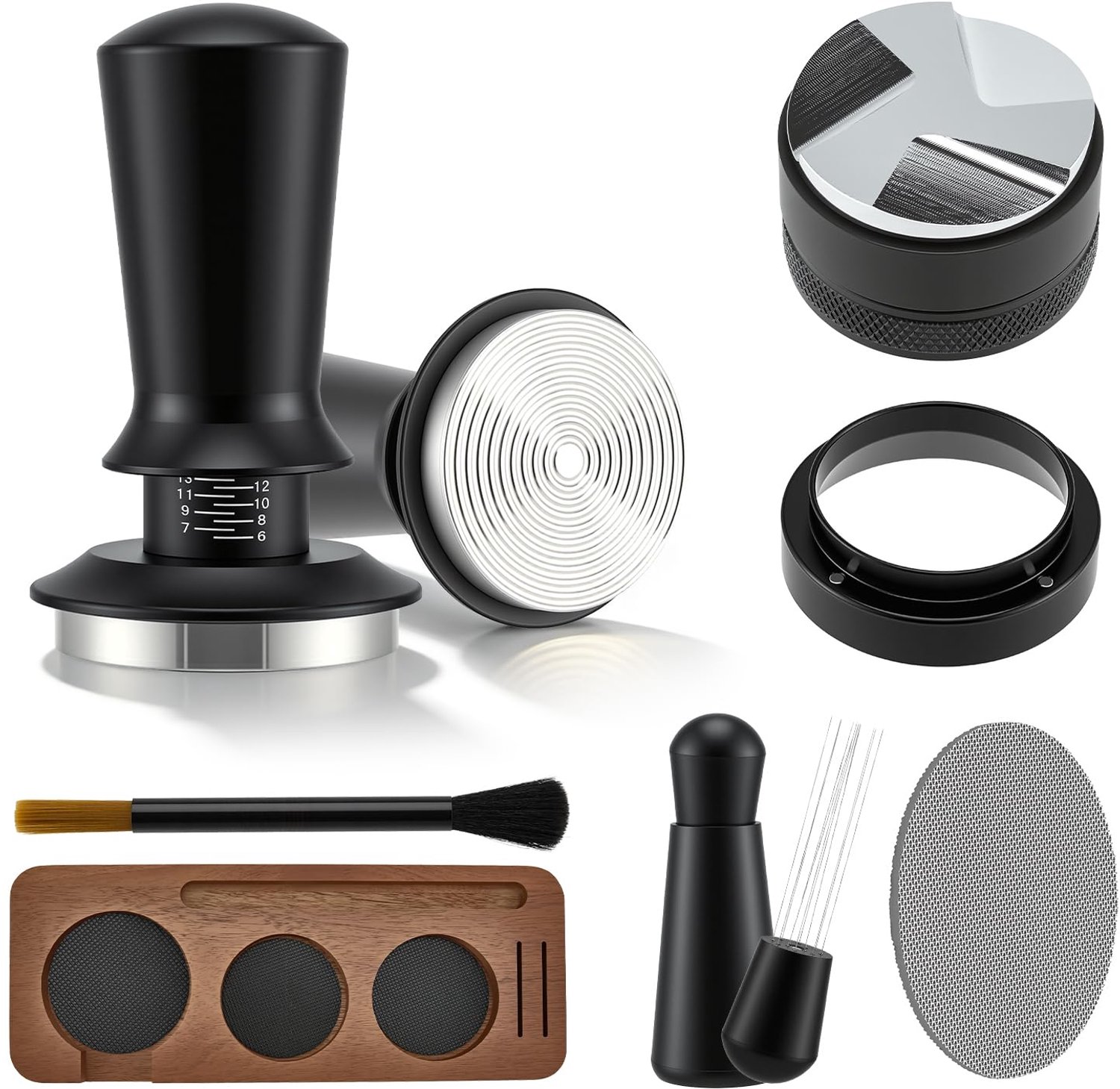 Koffieset, 7-delig, 51 mm, met drukstation, verdeler, WDT-gereedschap, magnetische doseerring, puckfilter, borstel, accessoires voor espressomachine, zeefhouder