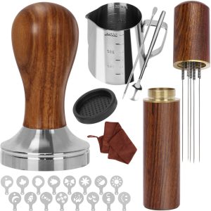 Koffiestamper 51 mm, espresso tamperset 23 stuks, barista-set met opschuimkan, tampermat, latte art pen, koffieroerder, sandelhouten stamper voor espressomachine