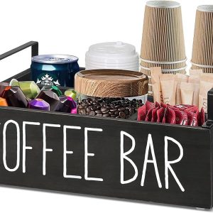 Koffiestation-organizer, houten koffiebar, organizer met handvat, K-cup, organizer voor koffiepods-houder met 3 compatment dividers, countertop, koffiebar, condiment-organizer voor thuiskantoor.