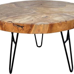 Koffietafel - met DRIE metalen poten - rond van teakhout - 60x60x43 cm