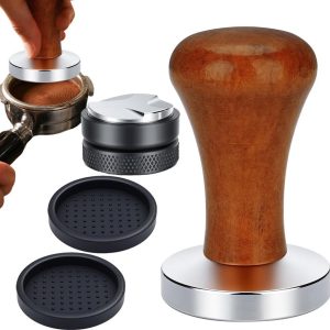 Koffietamper, Barista Tamper, 51 mm, roestvrij staal, met houten handvat, koffiedispenser, 2 siliconen kussens, accessoires espressomachine, compatibel met filterhouder 51 mm, voor thuis, café
