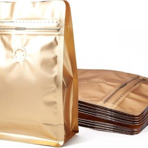 Koffiezakken met klep (10 stuks, 8 oz, 0,45 lb) hersluitbare zakken met platte bodem opstaande koffiebonen opbergtas met ritssluiting voor thuis, snoep, voedselverpakkingsbenodigdheden (goud)