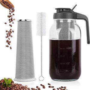 Koudbrouwkoffiezetter - 1.9L Mason Jar met Roestvrijstalen Filter, Schenktuit & Handgreep - Luchtdicht & Lekvrij - voor IJskoffie, Thee, Limonade - 1 Stuk