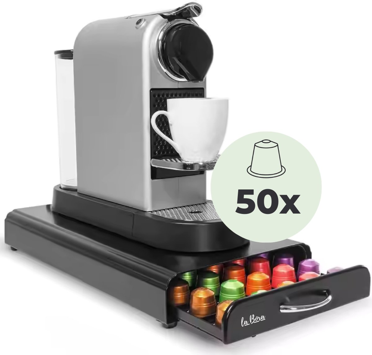 La Bora® Nespresso Capsulehouder - 50 Cups - RVS - Voor Nespresso Capules - Koffiecups Houder - Cuphouder met Lade - Zwart