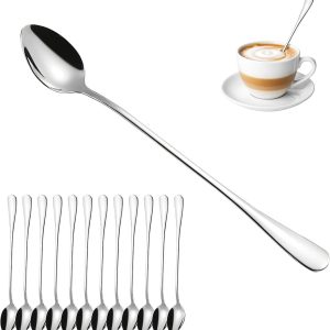 Lange roestvrijstalen lepelset voor ijskoffie, milkshakes en desserts - 12 stuks, 19,5 cm, vaatwasmachinebestendig