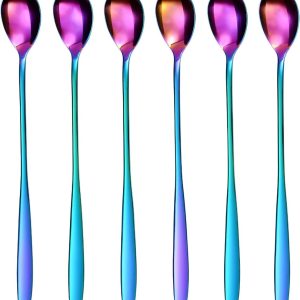 Latte Macchiato Lepelset, regenboogkleuren, 6-delig, 22 cm, lange lepel, cocktaillelepel, dessertlepel, ijslepel, lepel voor ijskoffie, roestvrij staal, vaatwasmachinebestendig