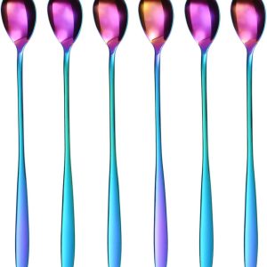 Latte Macchiato Lepelset, regenboogkleuren, 6-delig, 22 cm, lange lepel, cocktaillelepel, dessertlepel, ijslepel, lepel voor ijskoffie, roestvrij staal, vaatwasmachinebestendig