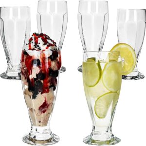 Londen ijsbekers met voet, 350 ml, conische glazen met reliëf voor dessert, milkshakes, ijskoffie, cocktails en vruchten, 6-delige set