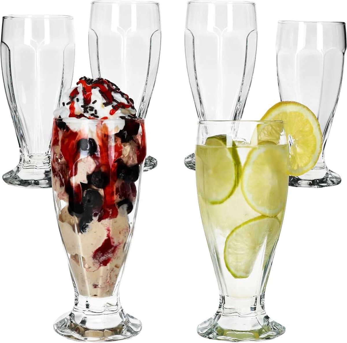 Londen ijsbekers met voet, 350 ml, conische glazen met reliëf voor dessert, milkshakes, ijskoffie, cocktails en vruchten, 6-delige set