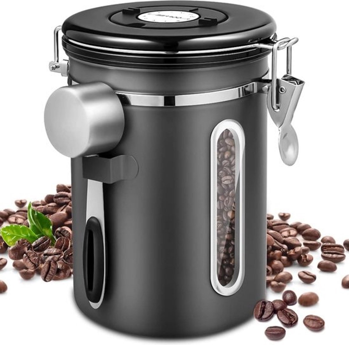 Luchtdicht roestvrijstalen koffieblik van 18 l - Houder voor koffiebonen met datumweergave - Bewaarbox met portioneerder - Bewaarbus met aromabescherming voor koffie en thee en koffiepads
