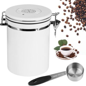 Luchtdichte koffiebus, 2,8L koffiebonenhouder van roestvrij staal, 1 kg bonen vacuüm-koffieblik, luchtdichte roestvrijstalen koffieblik met CO2-ventiel, maatlepel & datumweergave