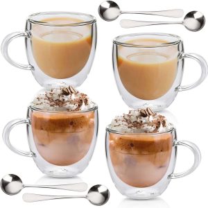 Macchiato glazen, dubbelwandige espressokopjes, set van 4 x 250 ml, dubbelwandige glazen met 4 zilveren lepels, cappuccinokopjes, koffiekopjes, ijskoffie, glas, koffieglazen, thermoglazen