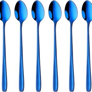 Macchiato lepels 18/10 roestvrij staal met lange steel voor café, cappuccino, dessert, Nutella, melkkoffie - 20 CM longdrink, 6 stuks yoghurtlepel (blauw)