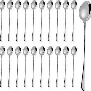Macchiato lepelset, 20 stuks lepels, dessertlepels, lange lepel 19,3 cm, latte macchiato-lepel voor cocktail, koffie, thee, milkshake, ijscoup, dessert (zilver)