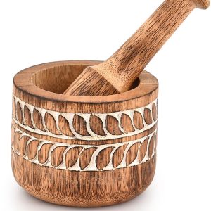 Mangohouten vijzel en stamper - Handgesneden - Voor kruiden en specerijen
