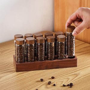 Massief houten sokkel koffieblikjes 12 buizen koffiebonenopslag van hout voor afzonderlijke porties, glazen flesjes met deksels, houder displaystandaard