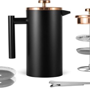 MeelioCafe Coffee Press Roestvrij Staal 06 liter - French Press Thermo Koffiepers - Kleine Koffiemaker 600 ml - Dubbelwandig Geïsoleerd - Zwart