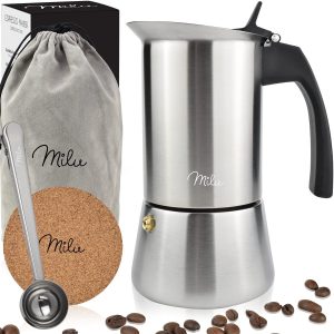 Milu Percolator voor Inductie | 2, 4, 6, 9 Koffiekopjes | RVS Espresso Maker met Onderzetter, Lepel en Borstel | 450ml / 9 Kopjes Moka Pot
