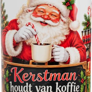 Mok met Kerstman houdt van koffie Sfeervolle koffiemok met espressomachine en kerstboom Warm wintercadeau voor barista en koffiefan