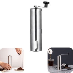 Molen - Koffiebonenmolen - Tabletmolen - Vitaminenvermaler - Handmatig - Metalen molen - Instelbare maalgraad - Afneembare handgreep - Huishoudaccessoire - Geschikt voor koffiebonen, tabletten, vitaminen (zilver, 18*4,6 cm)