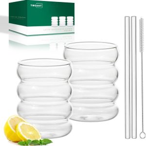 Omgoods - Set van 2 Ribbelglazen met Rietjes - Ijskoffie en Cocktails