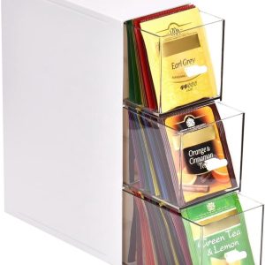 Omgoods - Tea Box met 3 Laden - Plastic Opbergdoos voor Theezakjes, Suiker en Koffiepads
