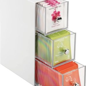 Opbergdoos met 3 laden - ladenbox voor theezakjes, koffiepads, zoetstoffen en meer - theekist van kunststof - wit/doorzichtig
