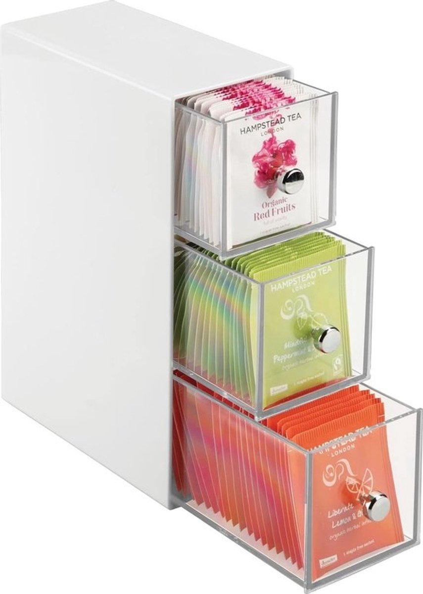 Opbergdoos met 3 laden - ladenbox voor theezakjes, koffiepads, zoetstoffen en meer - theekist van kunststof - wit/doorzichtig