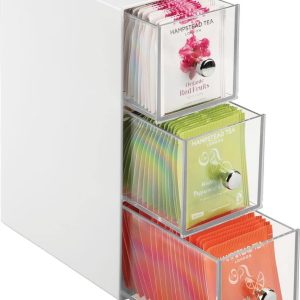 Opbergdoos met 3 laden - ladenbox voor theezakjes, koffiepads, zoetstoffen en meer - theekist van kunststof - wit/doorzichtig