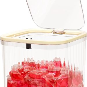 Opbergdoos, pod-houder met pop-up deksel, 2L-bak voor pods en benodigdheden, Deksel met drukmechanisme, transparante geribbelde behuizing, compact formaat (2L), voor wasruimte en onder de gootsteen, exclusief pods