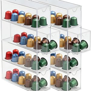 Opberglade voor koffiecapsules, acryl capsulehouder, transparant met 4 laden, capsuledispenser, compatibel met Nespresso-capsules, capsulebox, organizer voor keuken en kantoor, 2 stuks