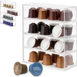 Opberglade voor koffiecapsules, transparante koffiecapsulehouder, ladebox voor Nespresso-capsules, 24,6 x 17,5 x 6,5 cm, acryl opslag met 4 laden