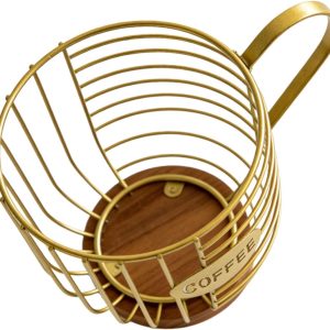 Opbergmand voor Koffiepads, Metalen Draadhouder, Grote Capaciteit met Houten Basis, voor Werkbladen in de Keuken, Opslag in Kantoor en Woonkamer, 8,5 X 6,3 X 5,9 Inch (Goud)